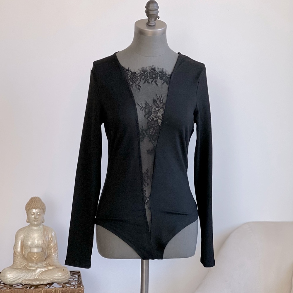 Lace Insert Deep V Black Bodysuit